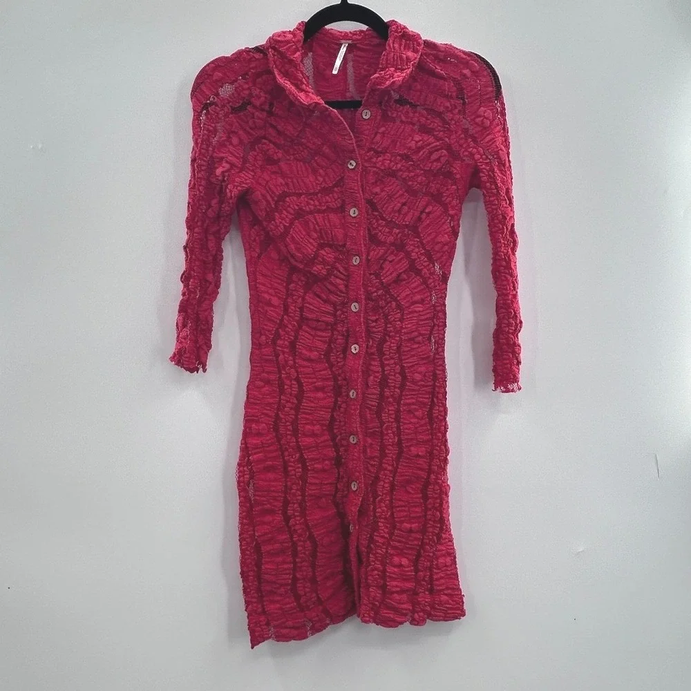 Free People XS Red Sheer Stretch Lace Button Front Tunic Dress Unlined Layering